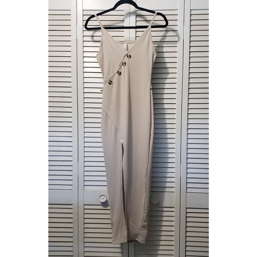 Primi‎ Ribbed Bodycon Slip Dress Women's Small Beige Midi Sleeveless Front Slit